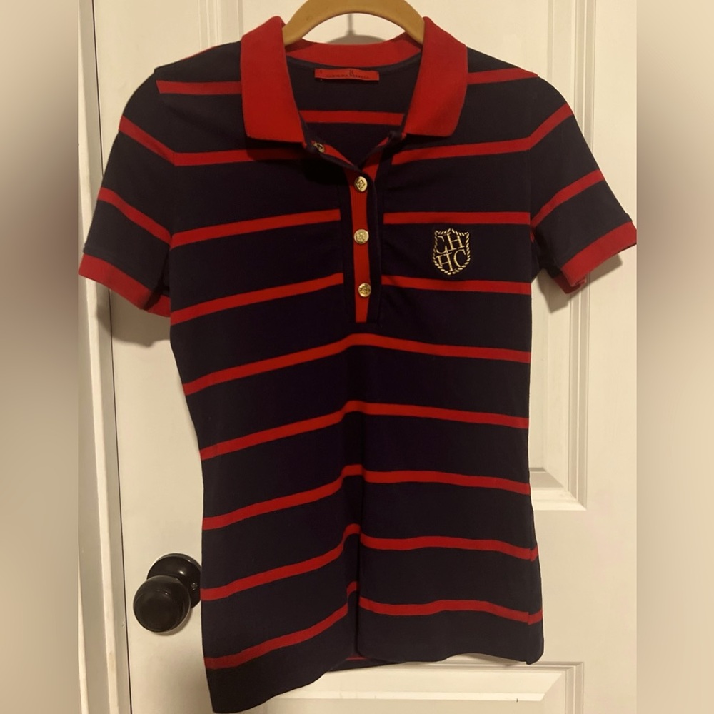 Carolina Herrera CH Womens Red Nautical Anchor Logo Short Sleeve Polo Top S